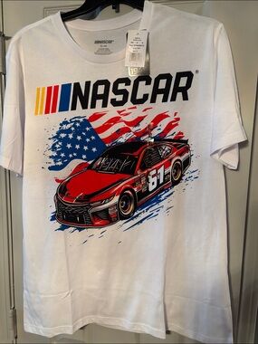 NASCAR American Flag Patriotic White Tee NWT